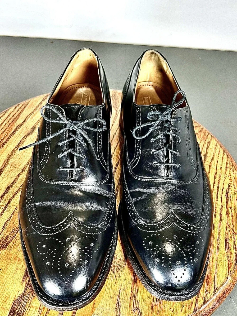 Johnson Murphy Optima 11.5 D Black Leather Wingtip Brogue Oxford Shoes